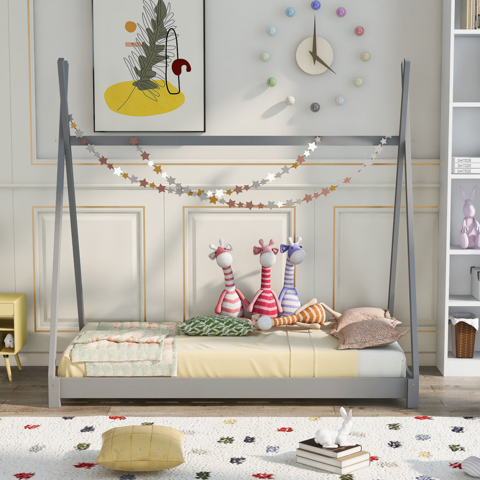 Gewnee Twin Size House Platform Bed with Triangle Structure,Gray
