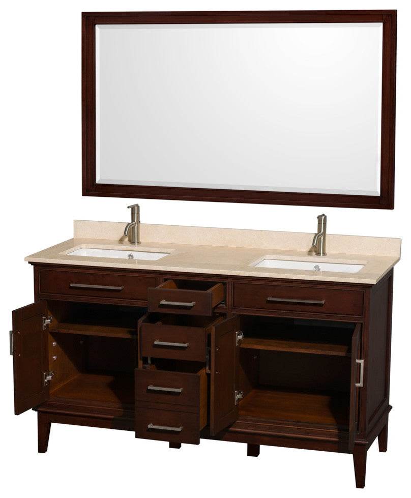 Hatton 60" Dark Chestnut Double Vanity, Ivory Marble Top, Um Sq Sinks, 56"