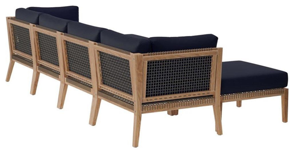 Clearwater Outdoor Patio Teak Wood 6-Piece Sectional Sofa, Gray Navy