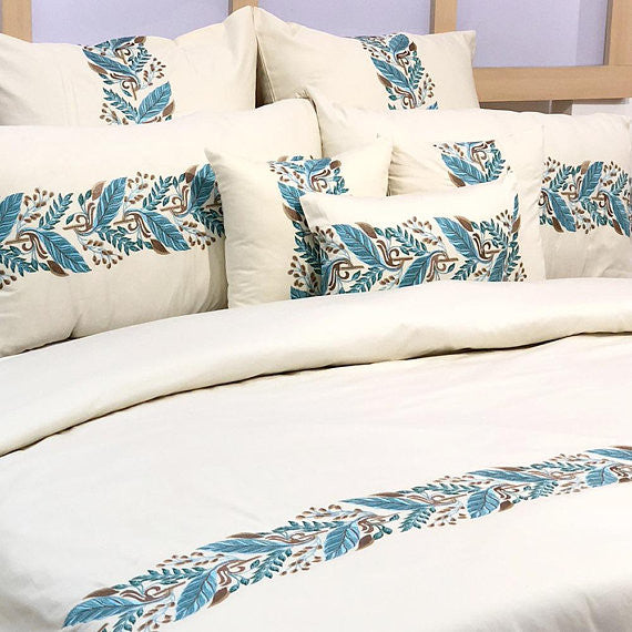 King Duvet Cover 3 Pc set in Cream Cotton with Embroidery, Fern Embroidery