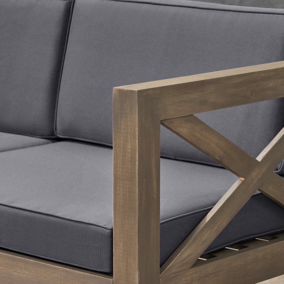 Mamie Outdoor Acacia Wood 5-Piece Sofa Set, Gray Finish, Dark Gray