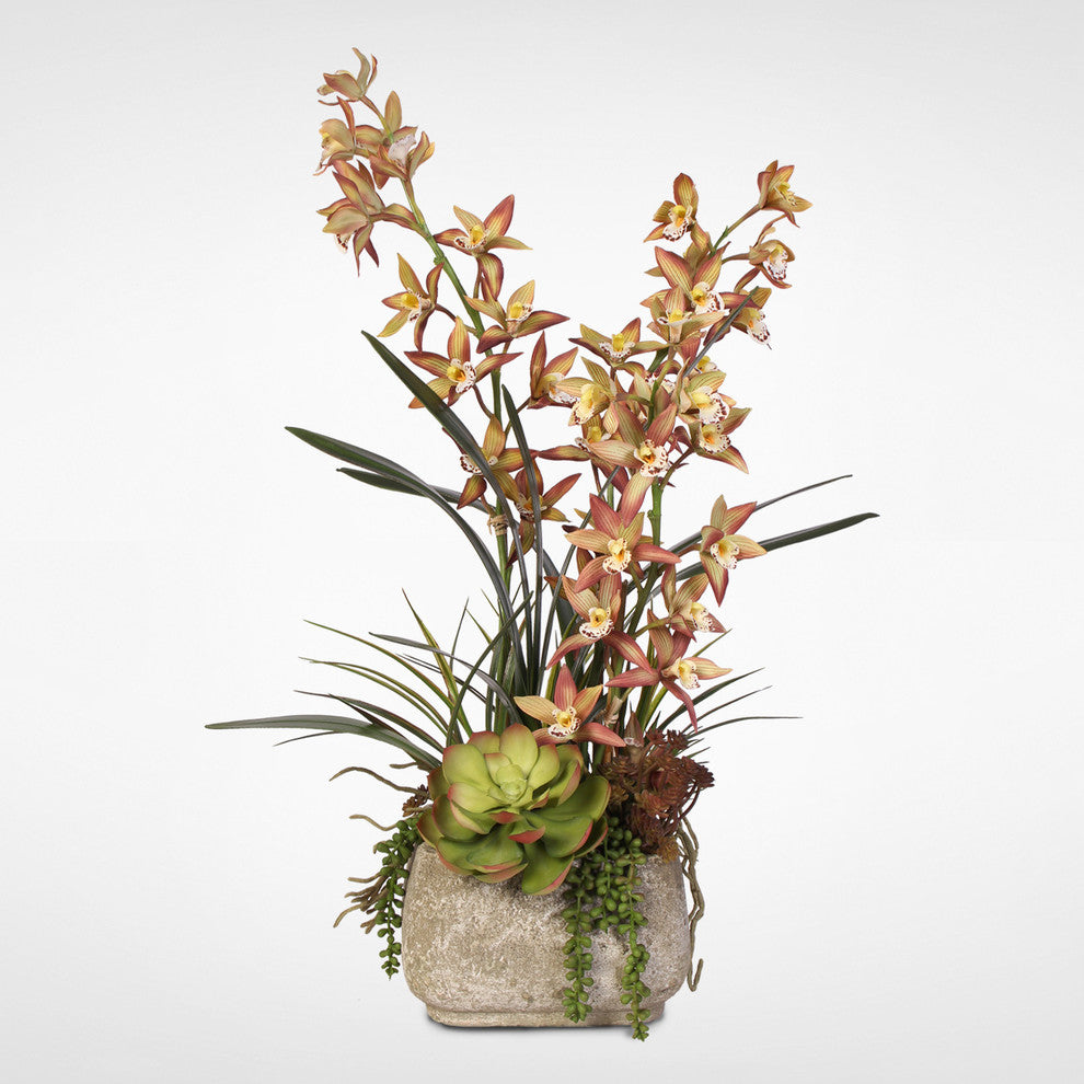 Green & Dusty Brown Silk Cymbidium Orchid & Succulents withPebbles in Cement Pot