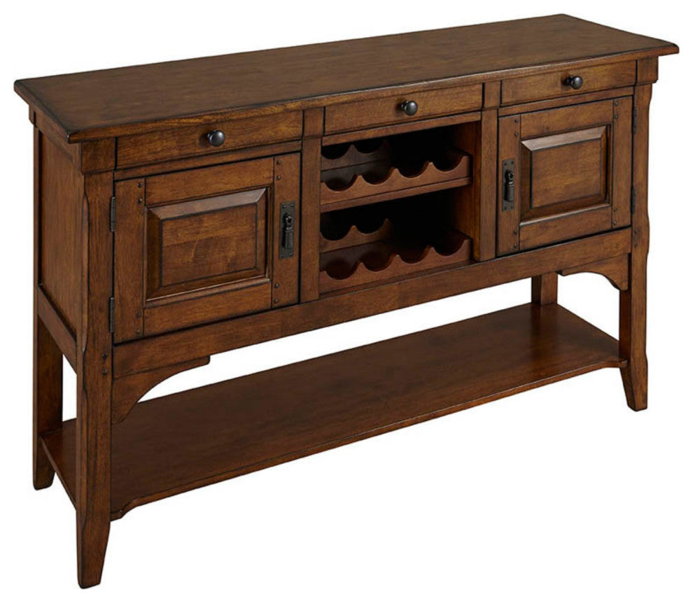 Classic Sideboard, Mango Wood Frame With 2 Cabinets & Center Wine Rack, Brown