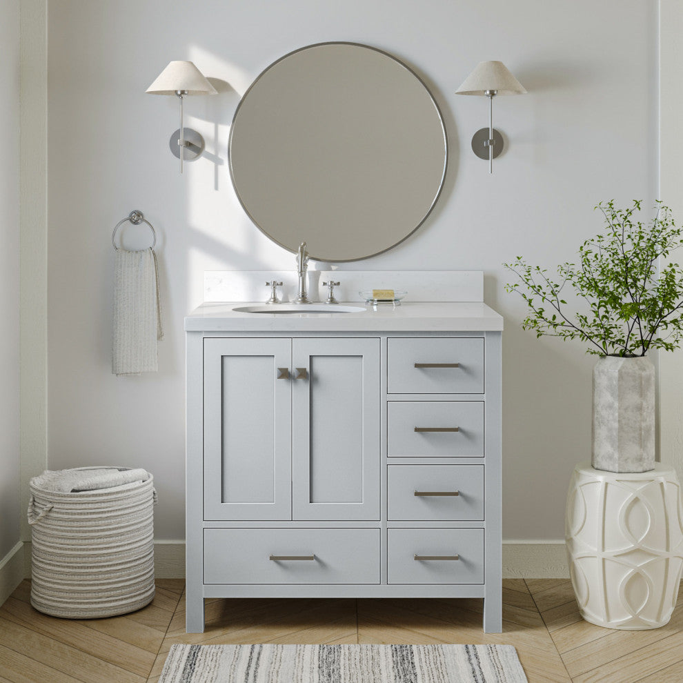 Ariel Cambridge 36" Left Offset Single Oval Sink Vanity, Carrara Quartz, Gray