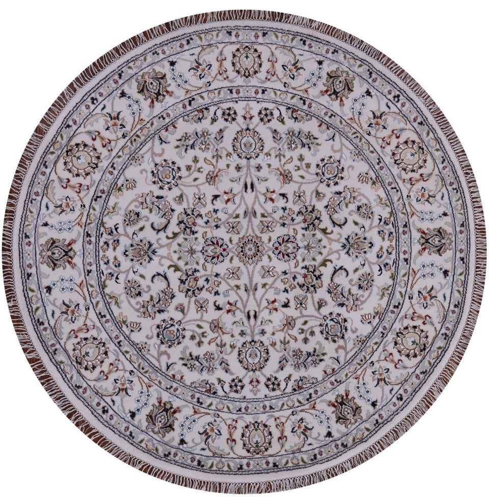 5' Round Persian Nain Hand Knotted Wool & Silk Rug - Q14715
