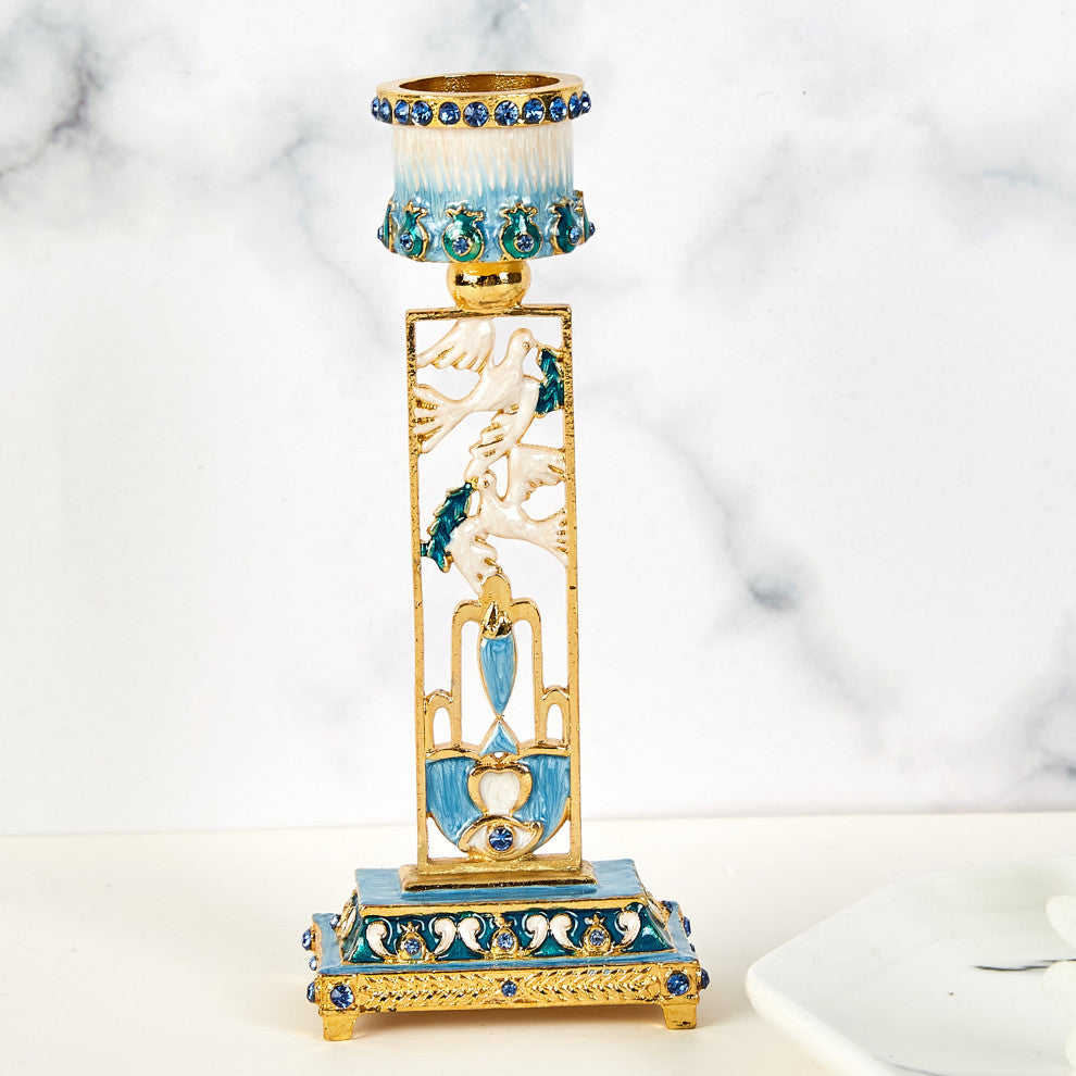 Matashi Shabbat Candlestick Holder (2-Piece Set) Hand-Painted,  Pewter