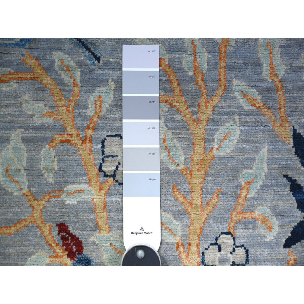 Gray Peshawar Birds of Paradise Abrash Hand Knotted Runner Rug, 2'7"x7'10"