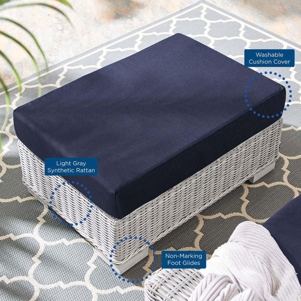 Lounge Chair and Ottoman, Sunbrella, Rattan, Gray Blue Navy, Outdoor