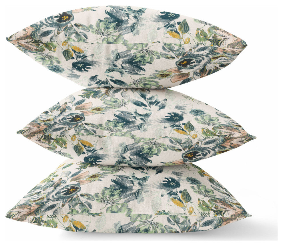 16" White Green Florals Indoor Outdoor Zippered Throw Pillow