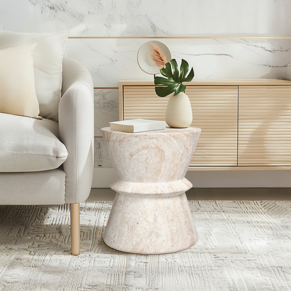 Hourglass Travertine Stone Finish Italian Design MgO Side Accent Table