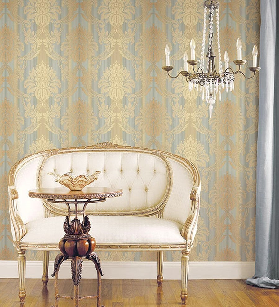Classic Silks 2, Damask Stripes Silk Emboss Light Blue, Yellow Wallpaper Roll