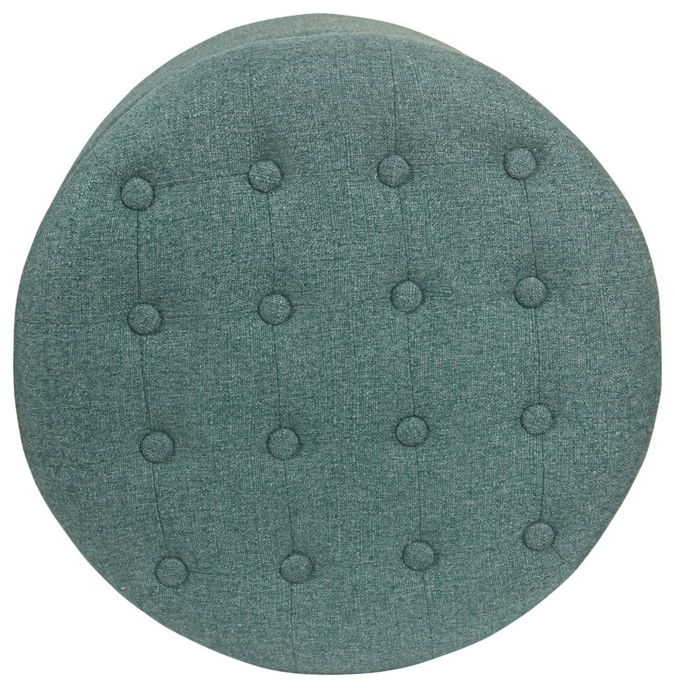 Benzara BM194933 Fabric Round Ottoman With Lift Top Storage, Teal Blue and Brown