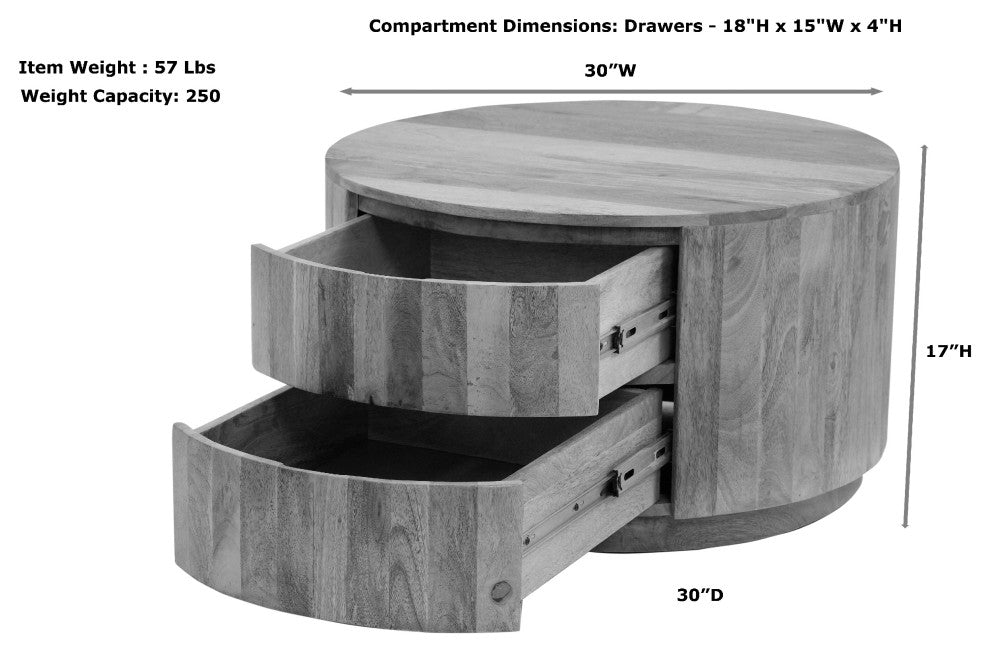 Christa 2-Drawer 30" Round Coffee Table, Natural Mango