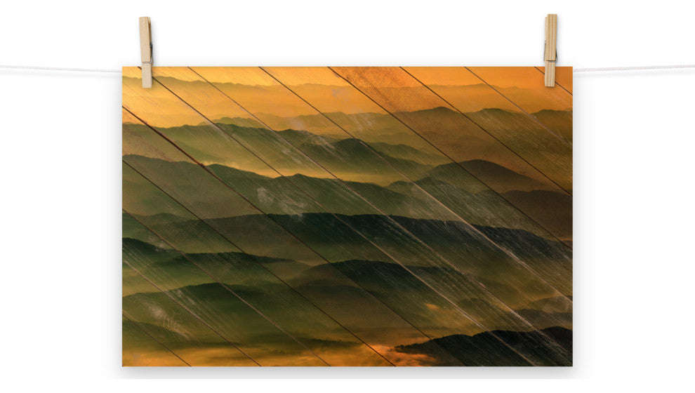 Faux Wood Foggy Mountain Layers at Sunset Landscape Unframed Wall Art Prints, 12" X 18"
