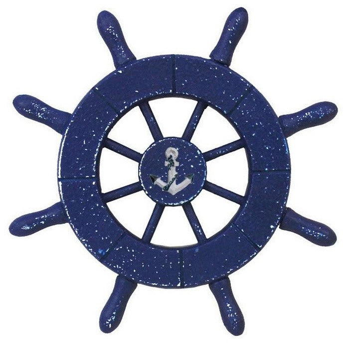 Rustic All Dark Blue Decorative Ship Wheel With Anchor 6'', Boat Wheel
