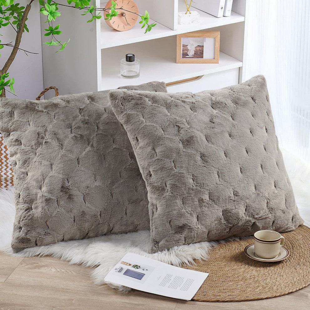 Jacquard Rabbit Faux Fur Pillow Cover 2 Piece Set, Grey, 26" X 26"