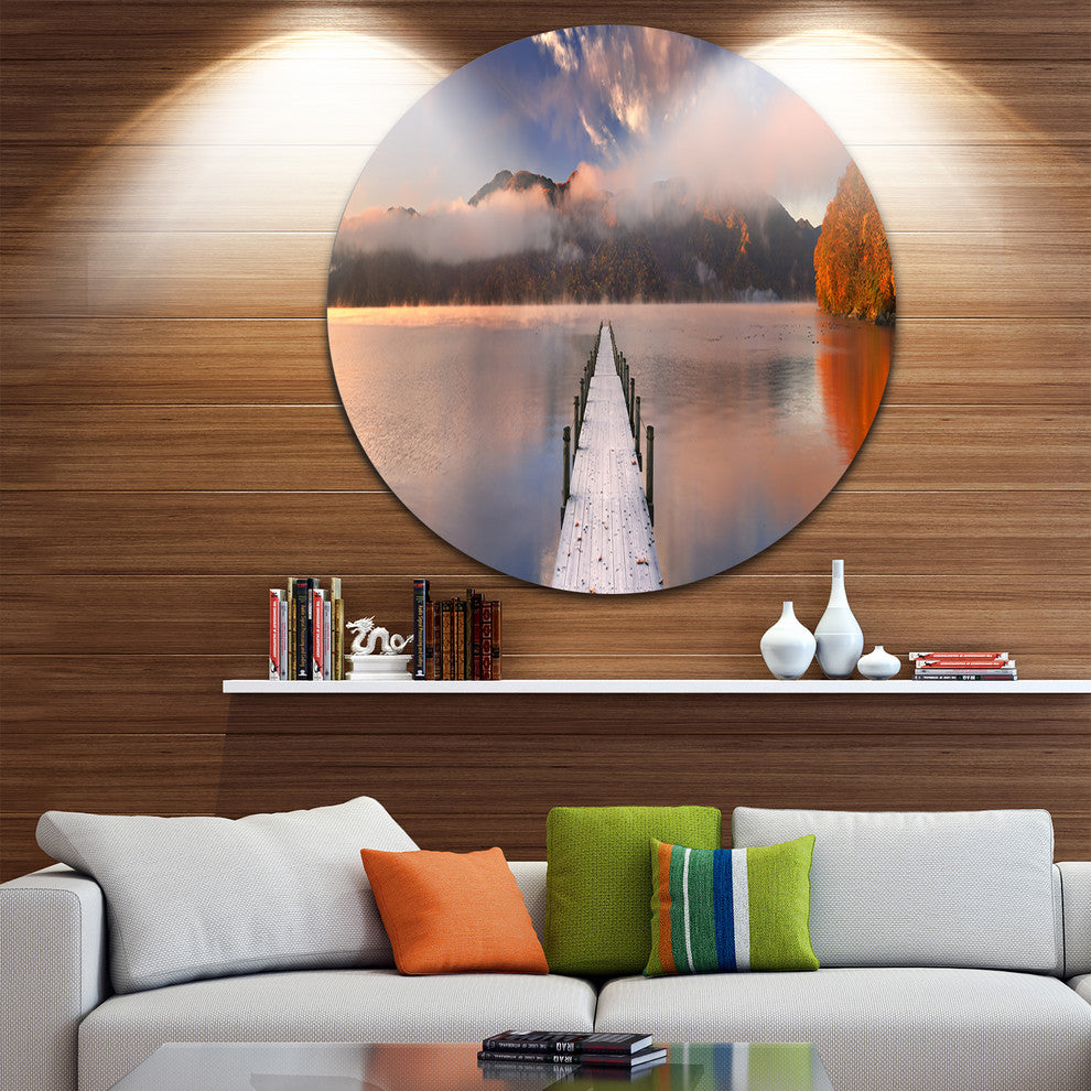 Jetty In Lake Japan, Seascape Photography Large Disc Metal Artwork, 11"