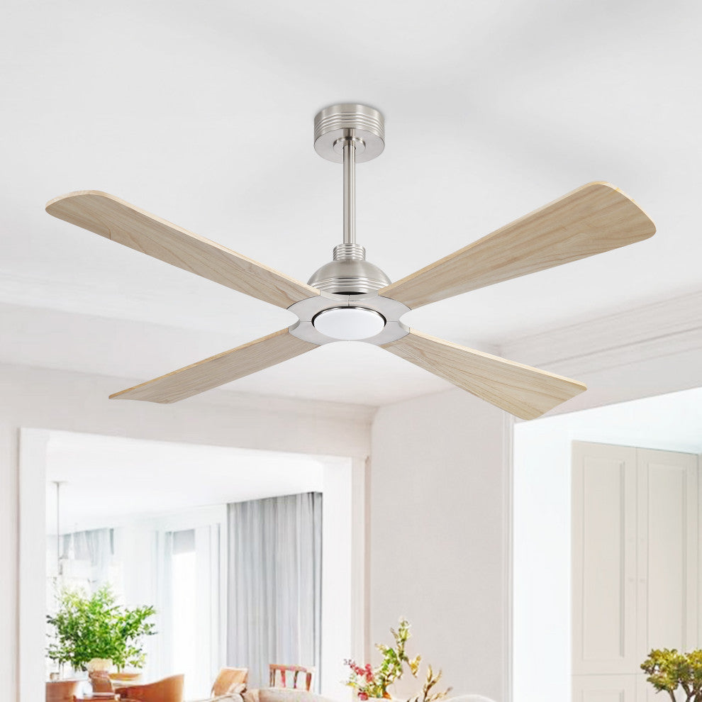 56" 4-Blade Solid Wood Ceiling Fan with LED Light and Remote Control, Brushed Nickel/Natural Wood