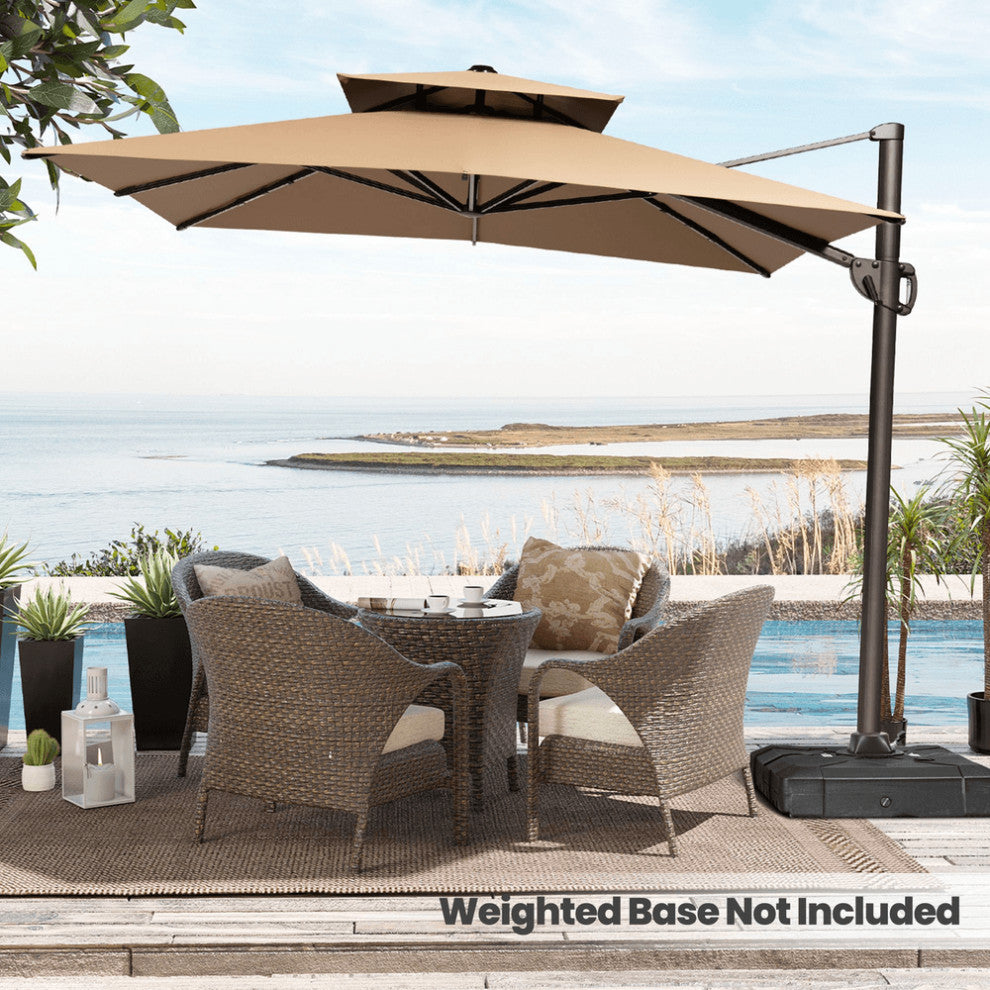11' Tan Polyester Round Tilt Cantilever Patio Umbrella With Stand