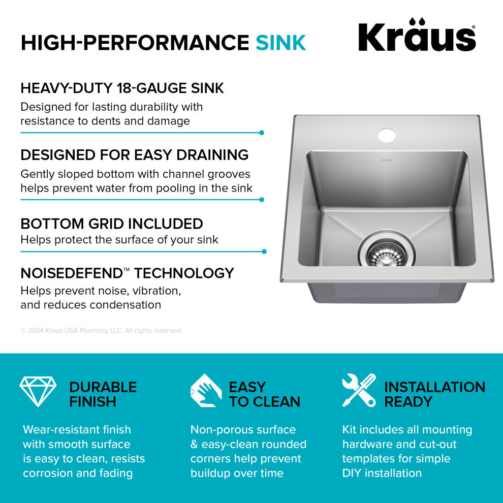 KRAUS Fairlane 15" Drop, / Top Mount 1-Bowl Stainless Steel Kitchen Sink