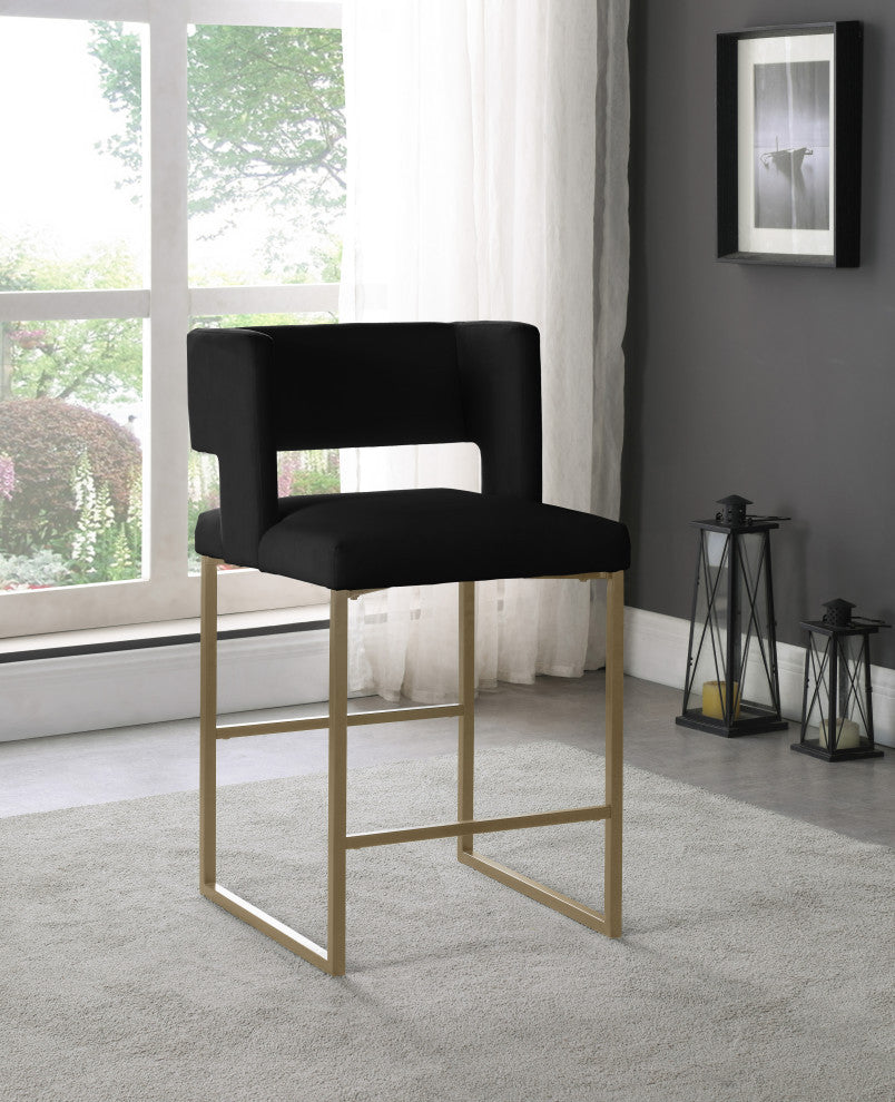 Caleb Upholstered Counter Stool, Set of 2, Black, Velvet, Brushed Gold