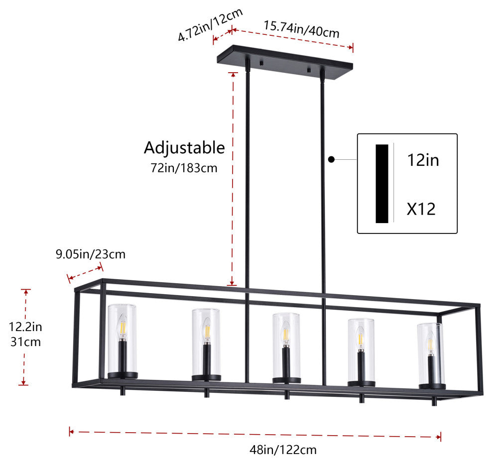 Farmhouse 5-Light Metal Frame Kitchen Island Chandelier with Glass Shades
