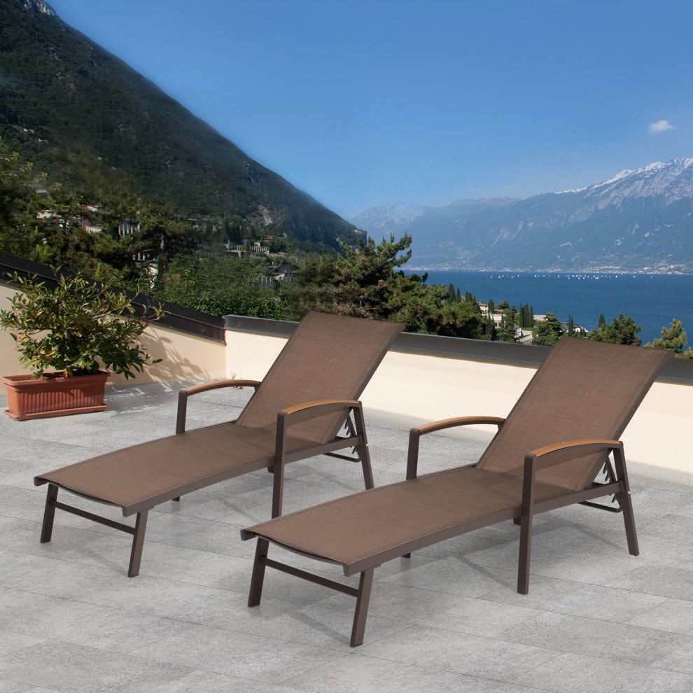 Adjustable Aluminum Outdoor Chaise Lounge Chair with Polywood Arm Lay Flat, Brow