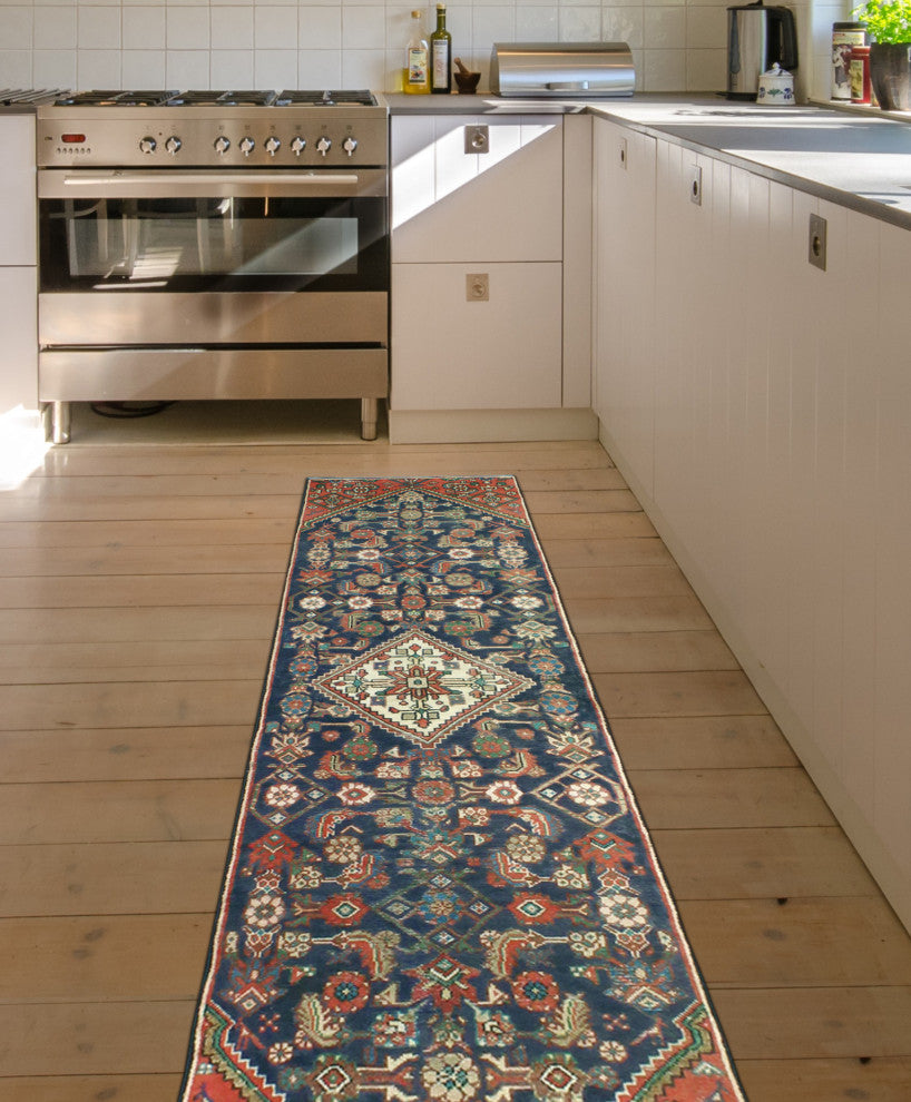 Fine Vintage Distressed Enrique Navy/Rust Runner, 2'4 x 8'11