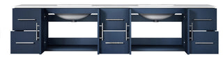 Geneva 84 Navy Blue DB Vanity, White Carrara Marble Top, Square Sinks, no Mirror