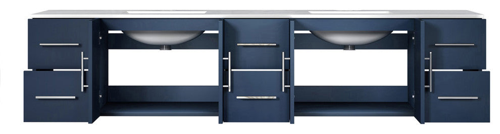 Geneva 84 Navy Blue DB Vanity, White Carrara Marble Top, Square Sinks, no Mirror