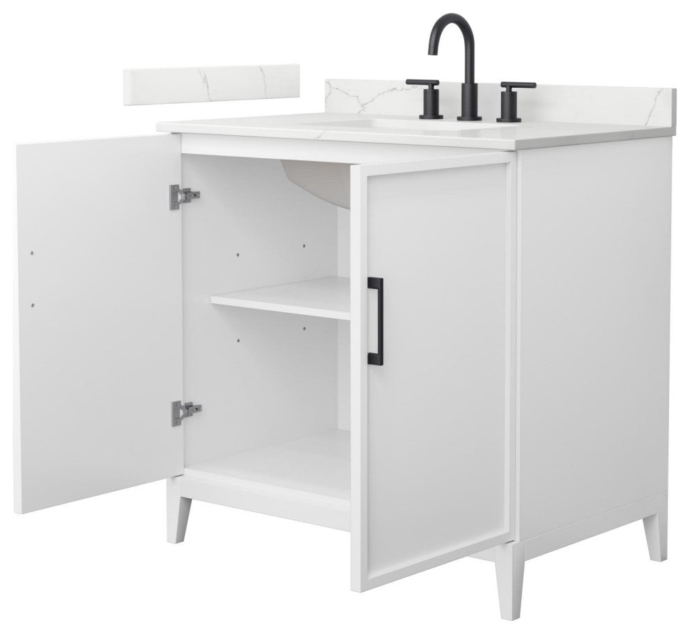 Elan 36" Single Vanity, White, Giotto Quartz Top, 3-Hole, Black Trim