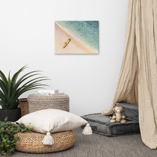 Yellow Canoe and Blue Sea by with Soft Violet Effect Canvas Wall Art Prints, 18" X 24"