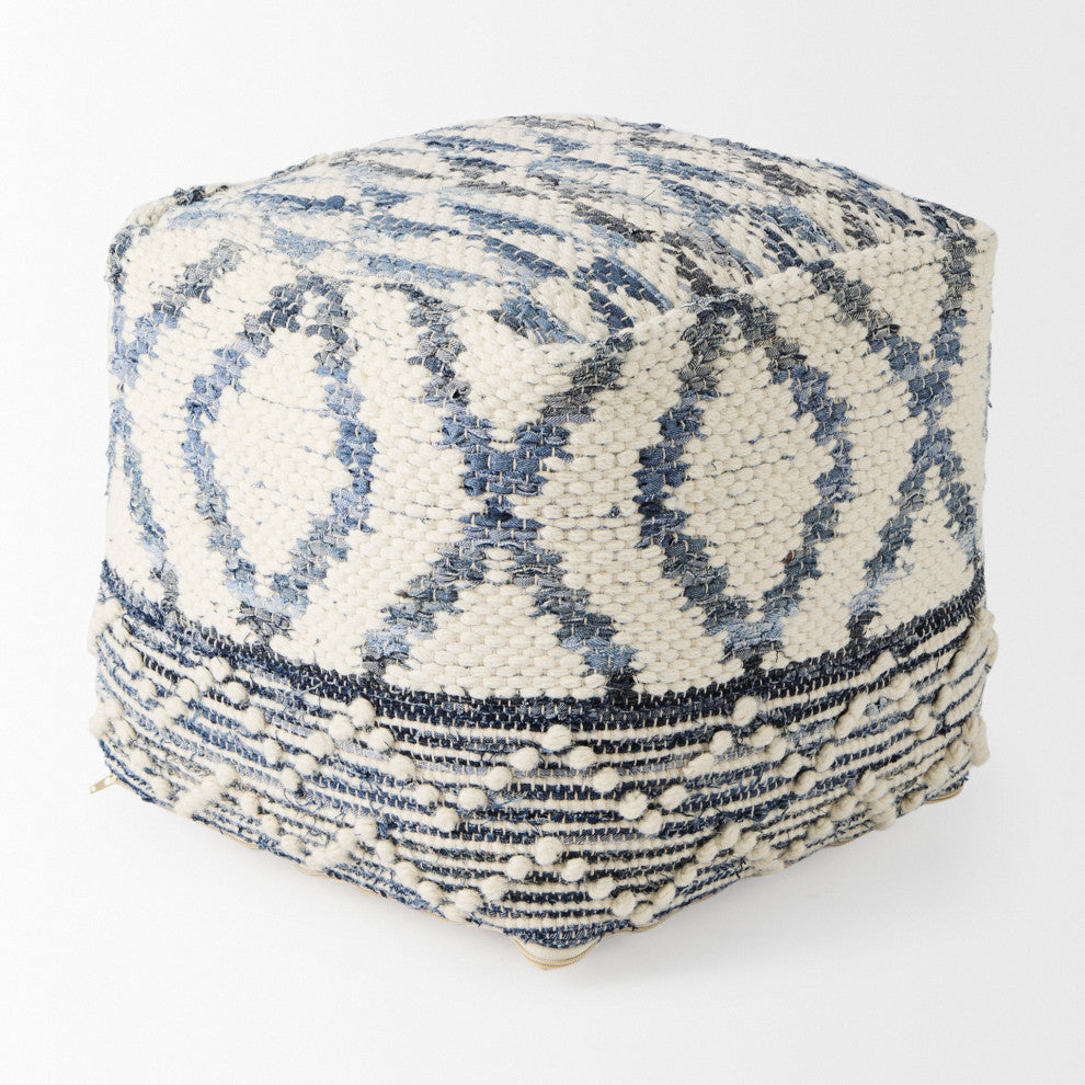 Eshana 16Lx16Wx16H Cream Wool and Denim Patterned Pouf