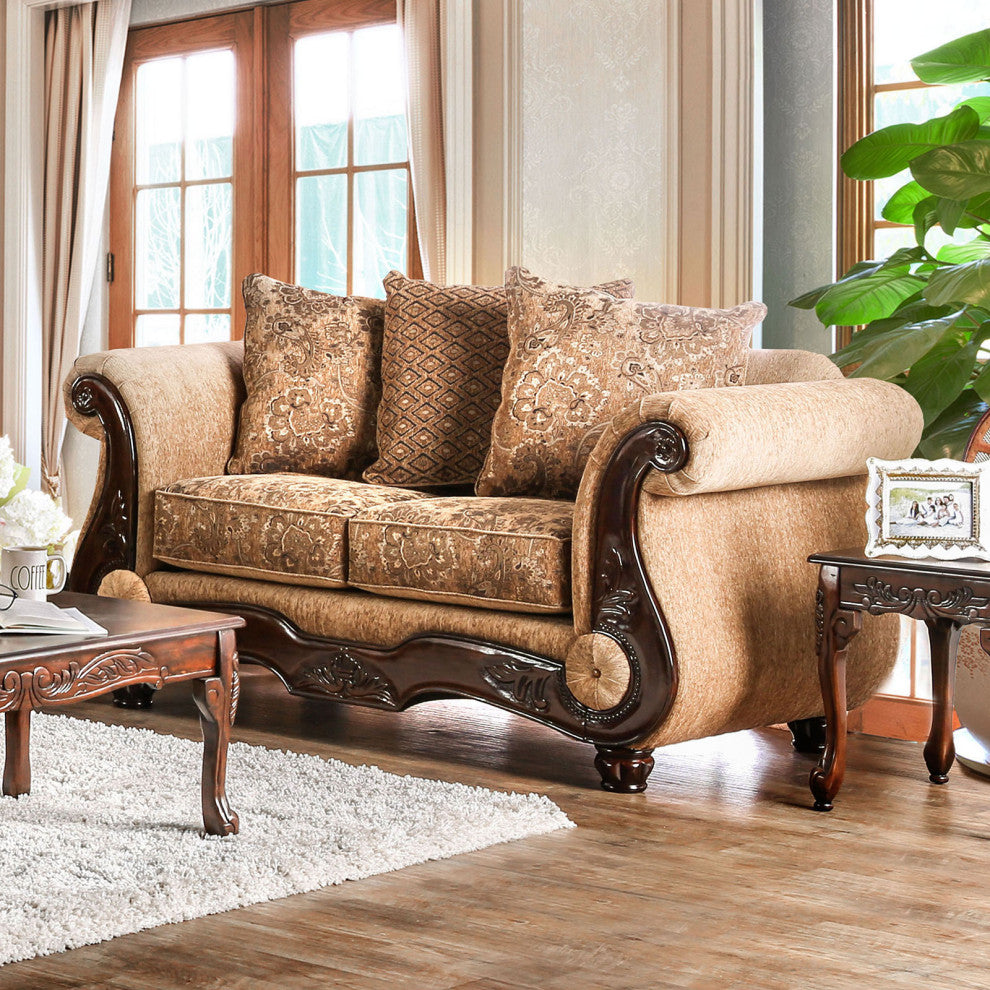 Chenille Love Seat with Rolled Arms Design, Gold
