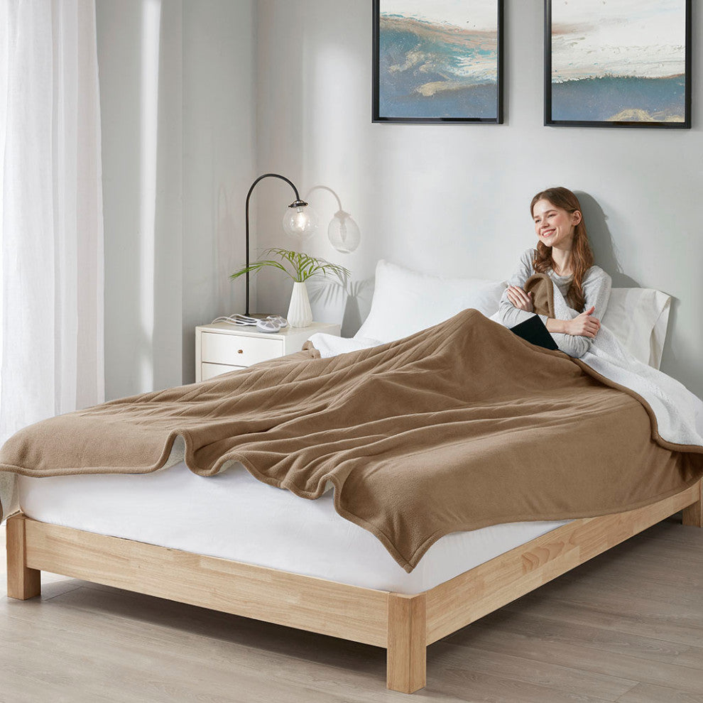 Serta Fleece to Sherpa Heated Fleece and Sherpa Bedding Blanket, Brown