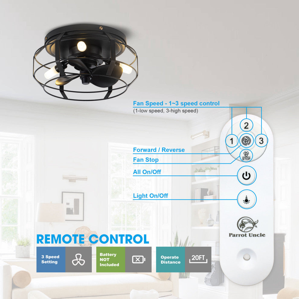 12 in Black Flush Mount Caged DC Motor Ceiling Fan with Light Kit and Remote