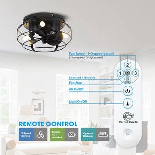 12 in Black Flush Mount Caged DC Motor Ceiling Fan with Light Kit and Remote