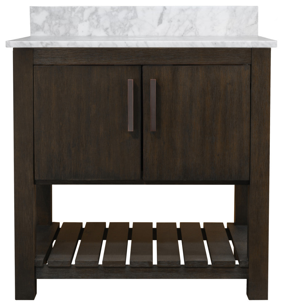 30" Vanity with Carrara White Marble Counter and BackSplash, Oil Rubbed Bronze, Without Mirror
