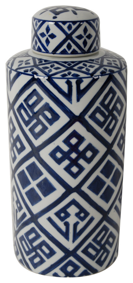 Benzara BM285526 14" Lidded Jar, Geometric Pattern, Cylindrical Blue