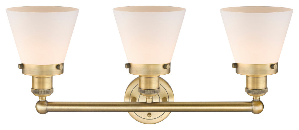 Edison Small Cone 3-Light 25" Vanity Light, Brushed Brass With Matte White Shade