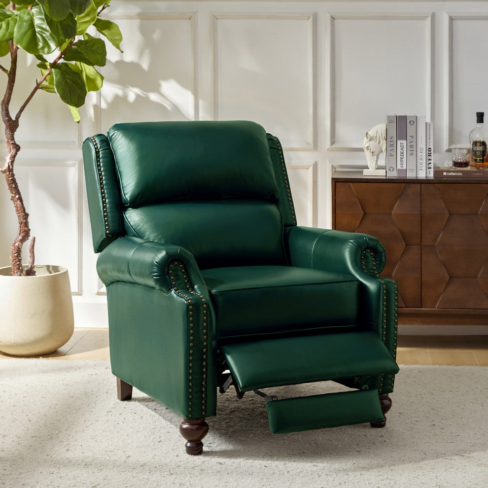 Genuine Leather Cigar Recliner With Nail Head Trim, Green