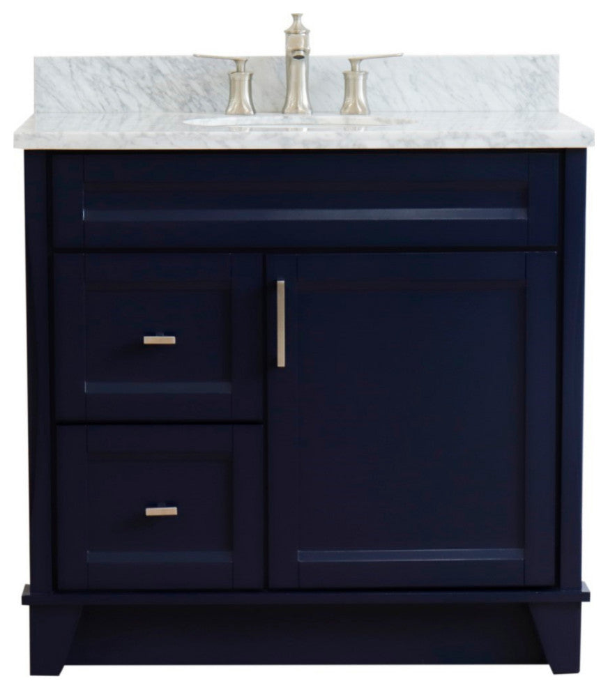 37" Single Sink Vanity, Blue Finish With White Carrara Marble