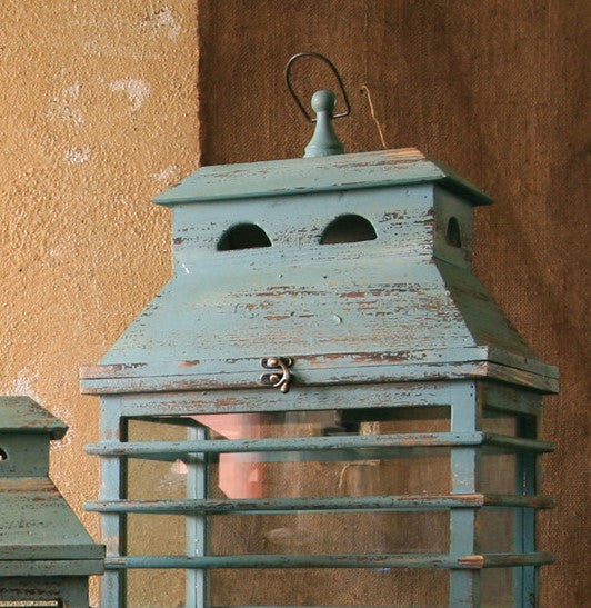 Blue Wood Shutter Hinged Lid Pillar Candle Lantern 2-Piece Set