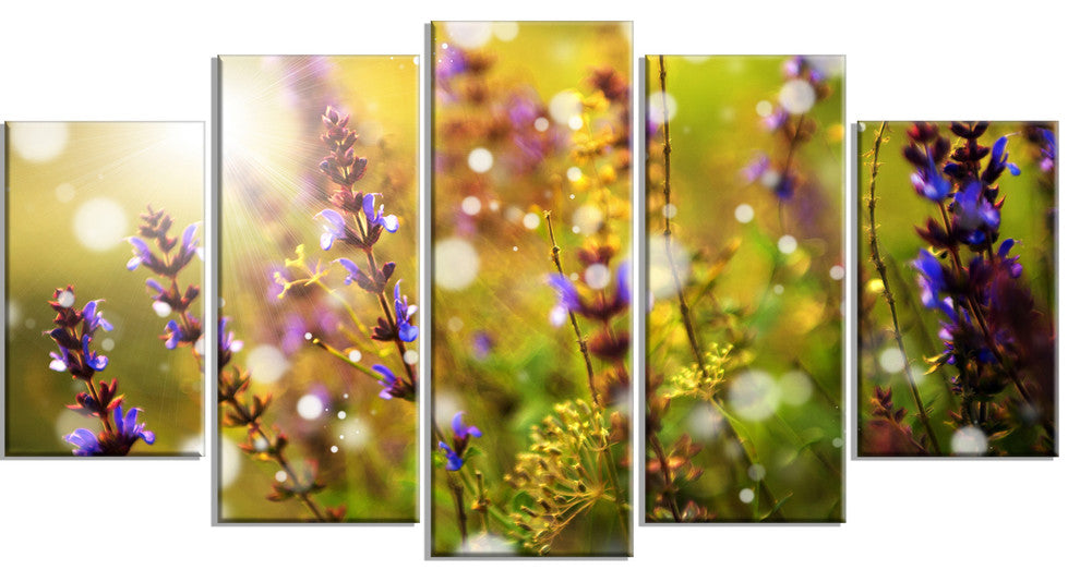 Beautiful Purple Wild Flowers, Large Floral Canvas Art Print, 60"x32", 5 Panels