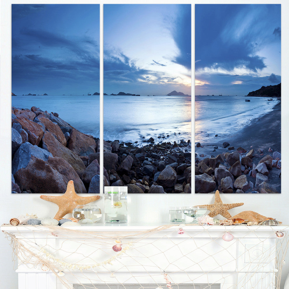 "Blue Sea Sunset on Sandy Coastline" Metal Wall Art, 3 Panels, 36"x28"