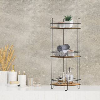 Corner Bathroom Organizer Storage Tower 3 Shelves Bamboo Metal, Bamboo/Black