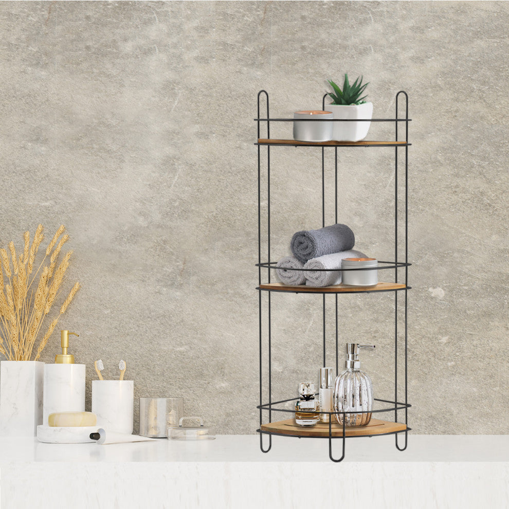 Corner Bathroom Organizer Storage Tower 3 Shelves Bamboo Metal, Bamboo/Black