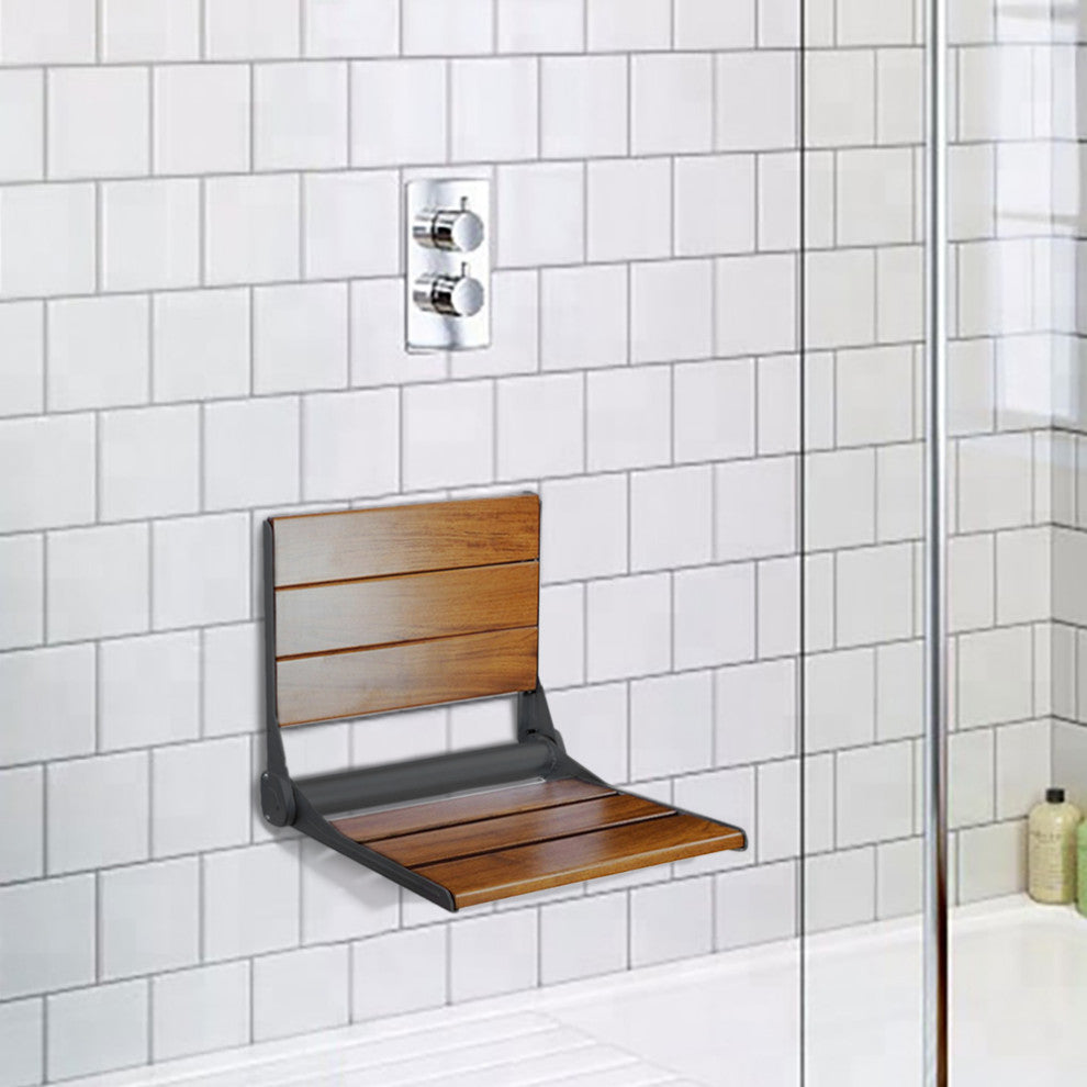 18" ADA Compliant Folding Teak Wood Shower Bench Seat Medical Wall Mount Black