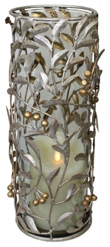 Tall 15" Leaf Berry Pillar Candle Holder, Metal Hurricane Leaves Branches