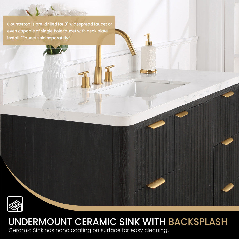 Vinnova Cadiz Bath Vanity, Composite Stone Top, Black, 48", No Mirror
